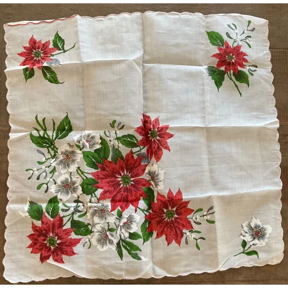 Christmas Poinsettia Holly Berry Linen Handkerchief 15.75